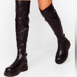 Nasty Gal Black Faux Leather Chunky Over-The-Knee Boots